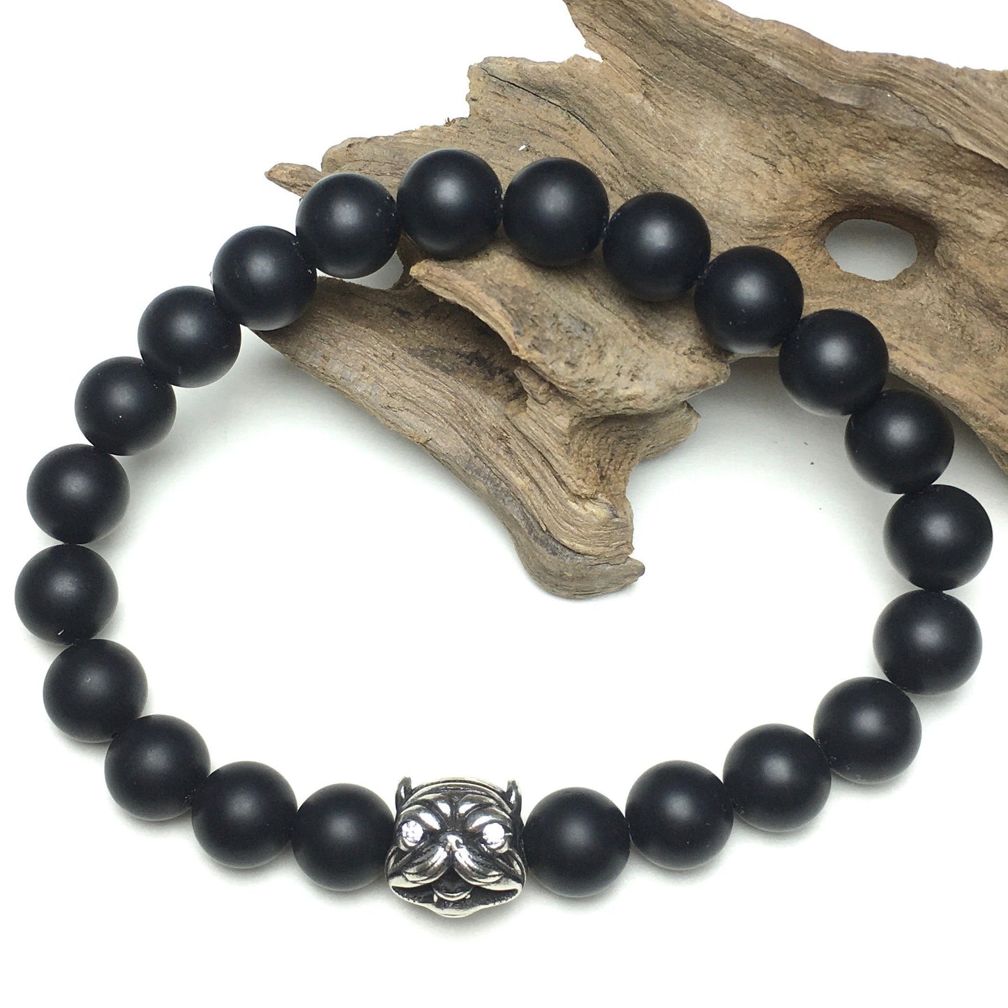 Natural Matte Onyx Beaded Gemstone Bracelet American Bully Pitbull Charm Jewelry