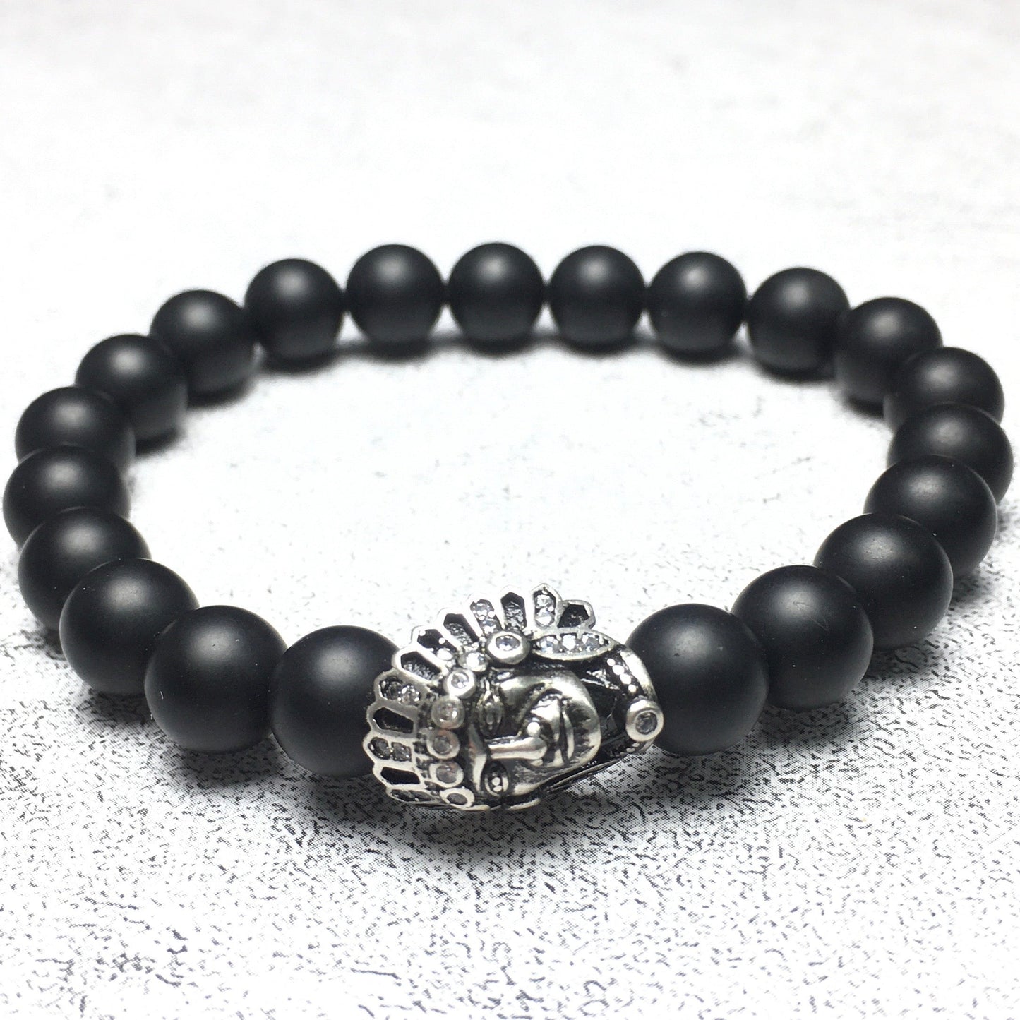 Natural Stone Bracelets Indian Head Bracelet Black Matte Onyx Beads Elastic Women Men Jewelry