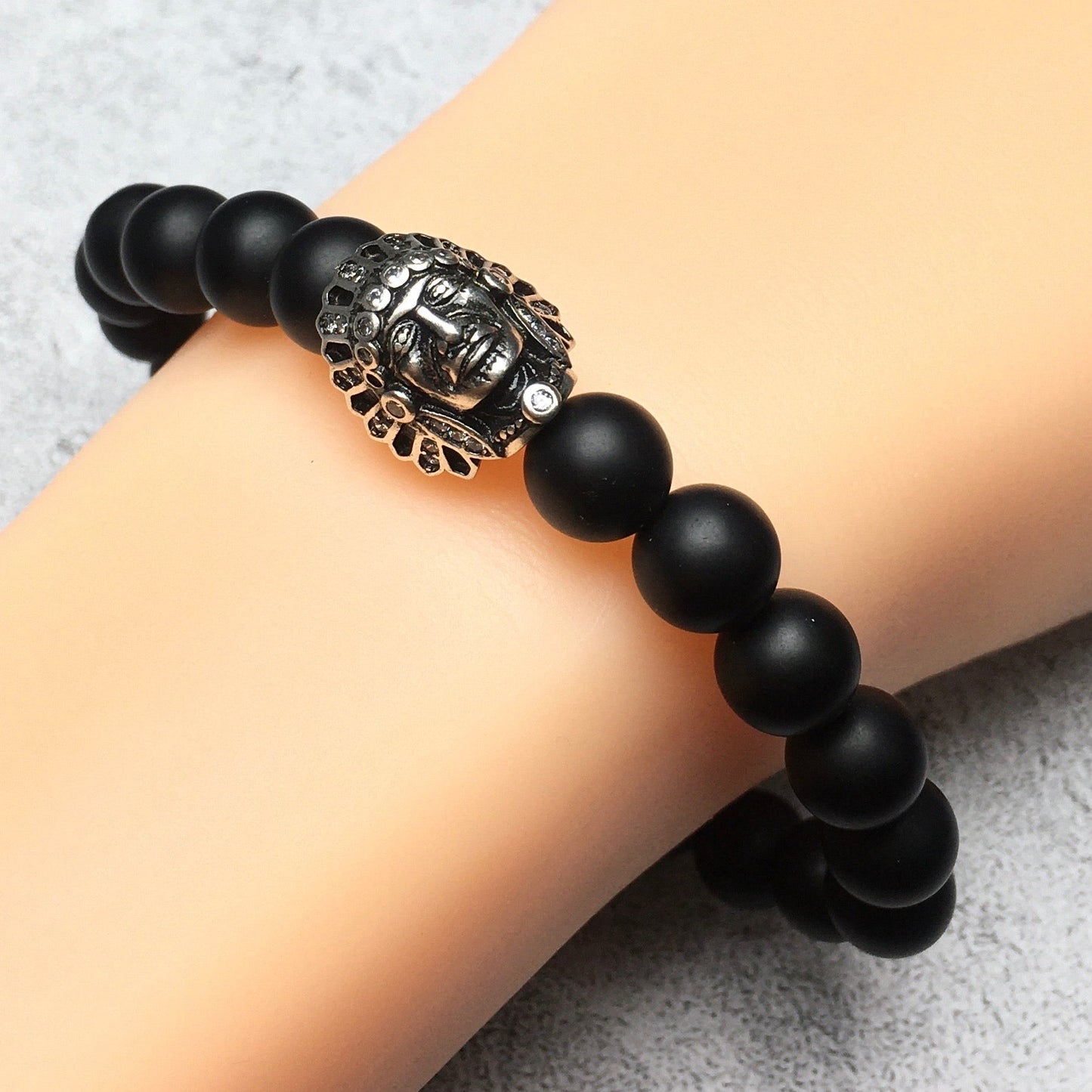 Natural Stone Bracelets Indian Head Bracelet Black Matte Onyx Beads Elastic Women Men Jewelry