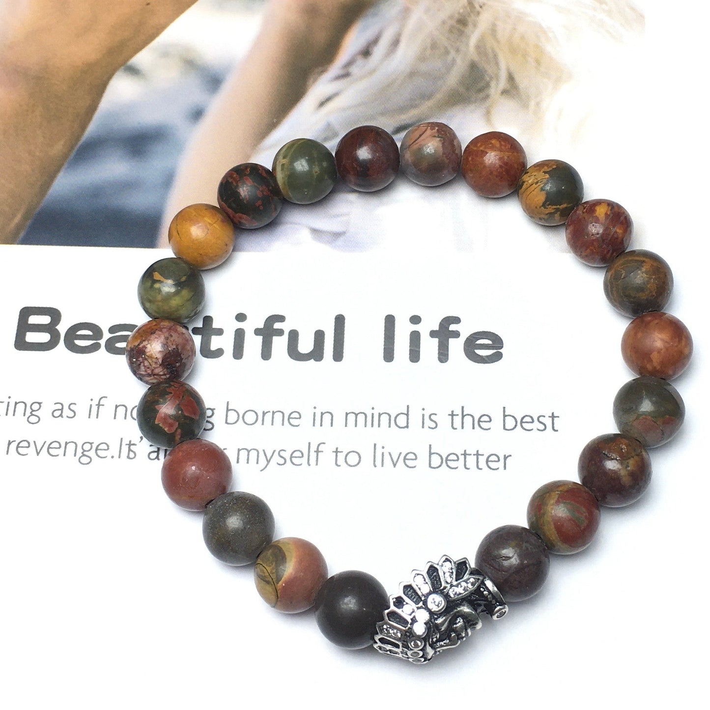 Natural Stone Bracelets Indian Head Bracelet Picasso Beads Elastic Women Men Jewelry