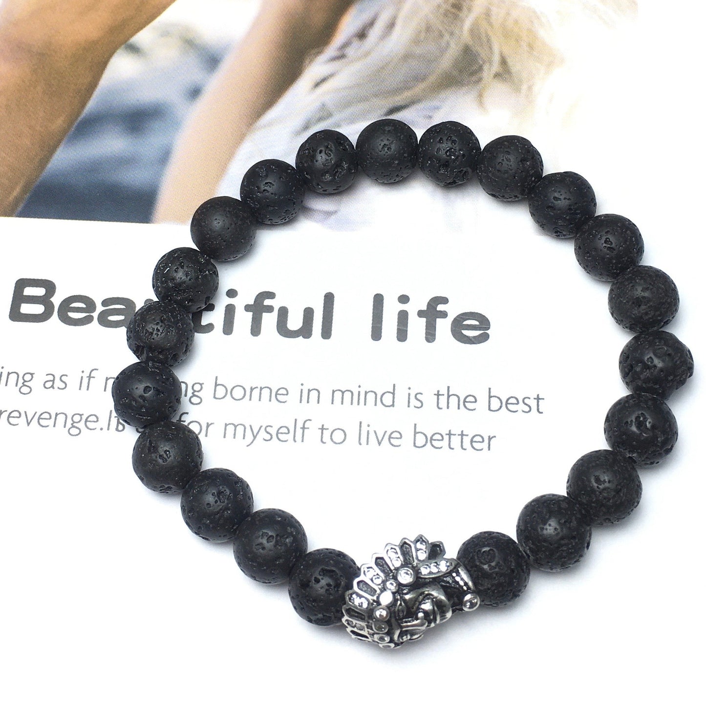 Natural Stone Bracelets Indian Head Bracelet Lava Beads Elastic Women Men Jewelry