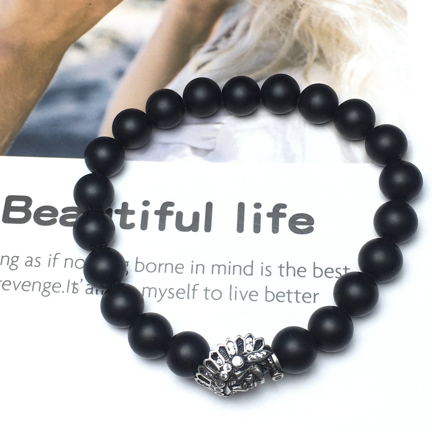 Natural Stone Bracelets Indian Head Bracelet Black Matte Onyx Beads Elastic Women Men Jewelry