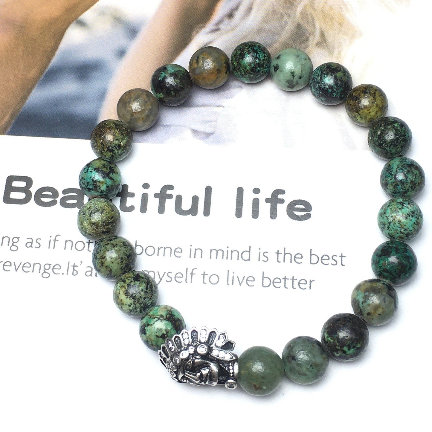 Natural Stone Bracelets Indian Head Bracelet African Turqoiuse Beads Elastic Women Men Jewelry