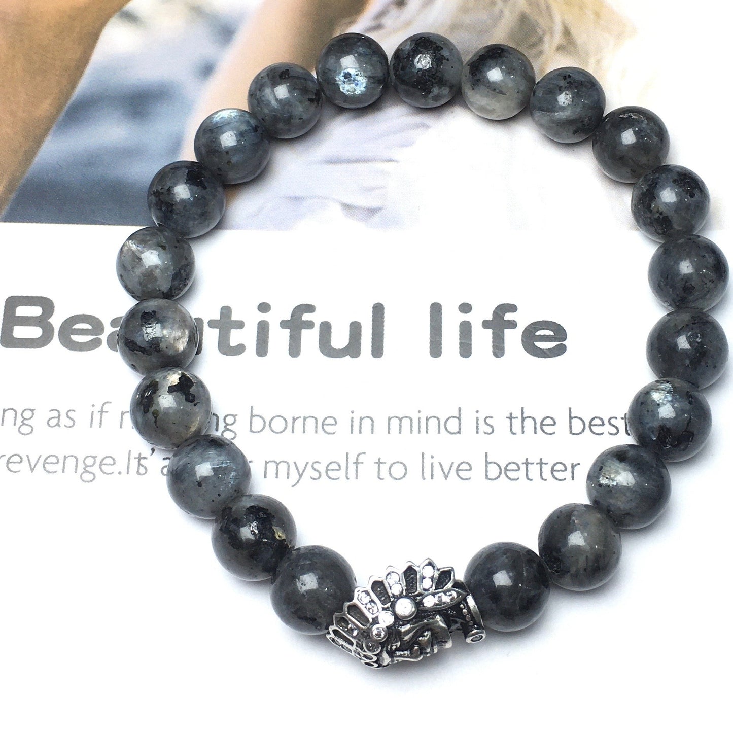 Natural Stone Bracelets Indian Head Bracelet Labradorite Beads Elastic Women Men Jewelry