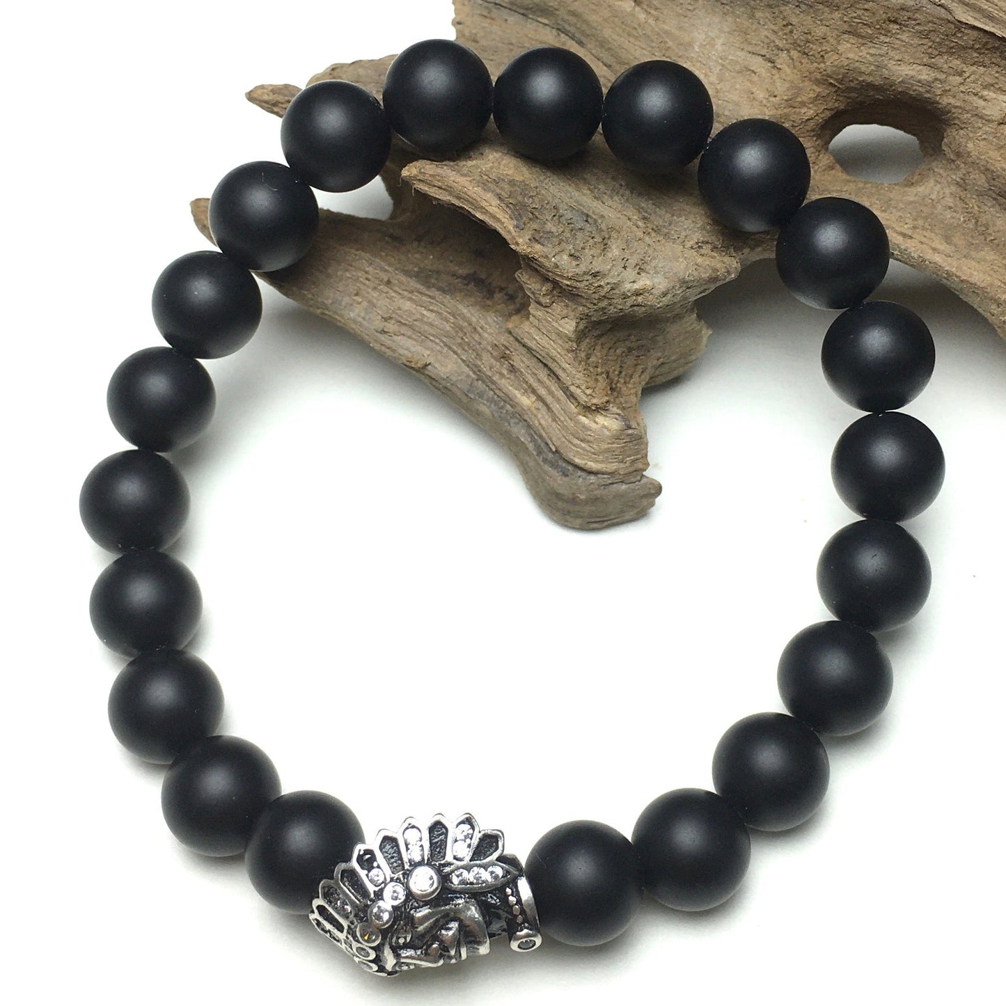 Natural Stone Bracelets Indian Head Bracelet Black Matte Onyx Beads Elastic Women Men Jewelry