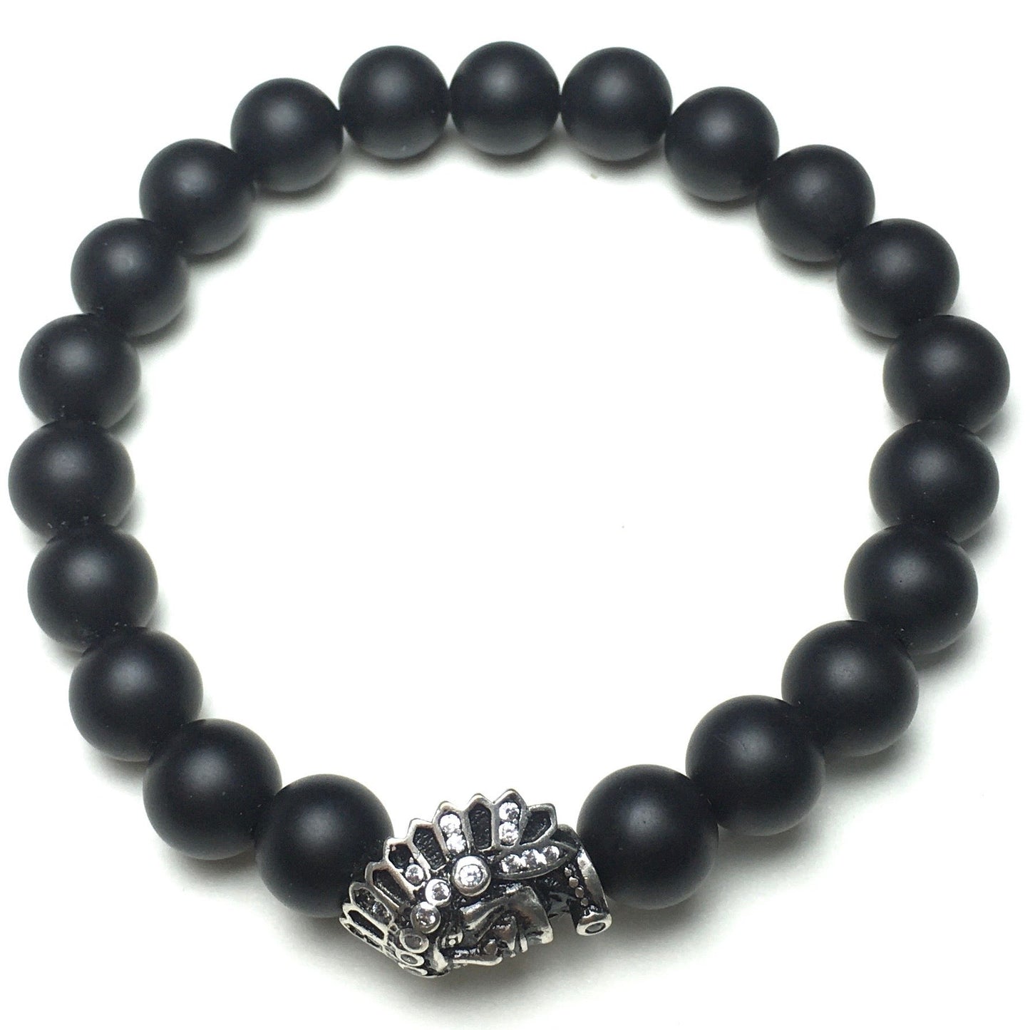 Natural Stone Bracelets Indian Head Bracelet Black Matte Onyx Beads Elastic Women Men Jewelry