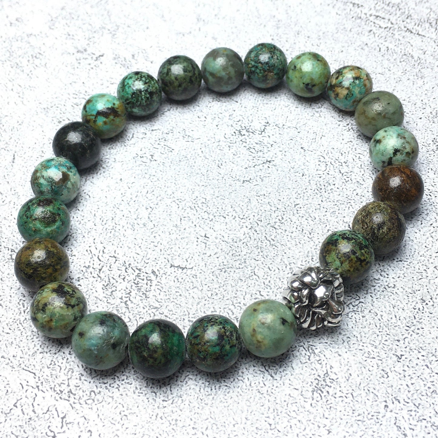 Natural African Turquoise Beaded Bracelet Elastic Adjustable Gemstone Bracelet Lion Style