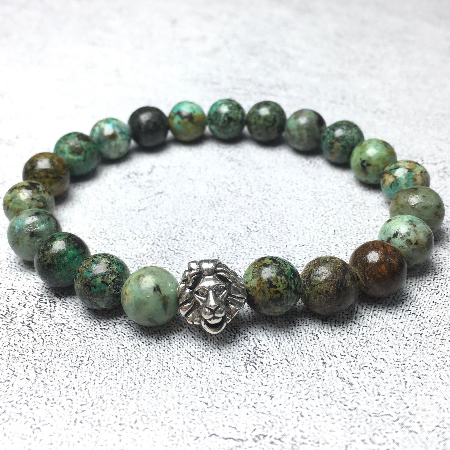 Natural African Turquoise Beaded Bracelet Elastic Adjustable Gemstone Bracelet Lion Style