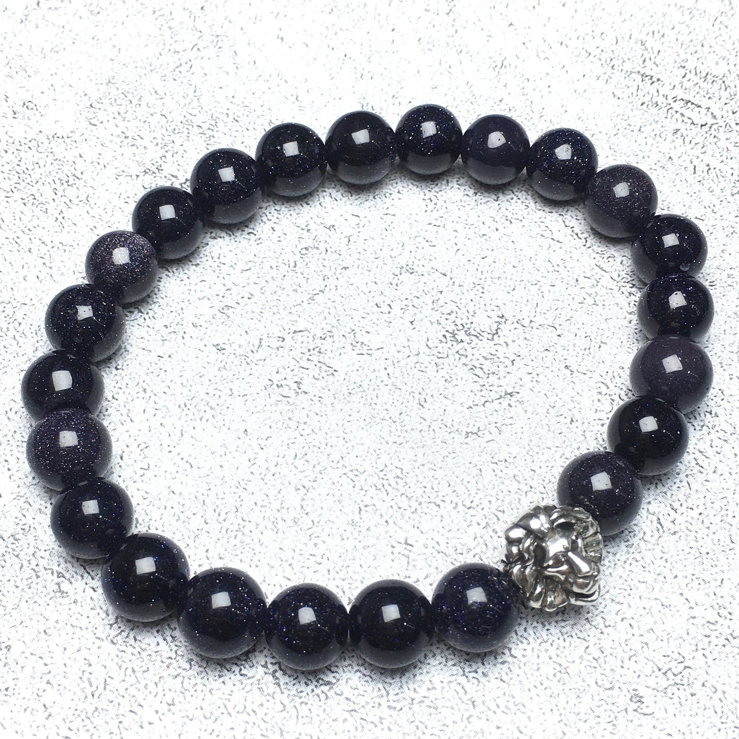 Blue Sandstone Beaded Bracelet Elastic Adjustable Gemstone Bracelet Lion Style