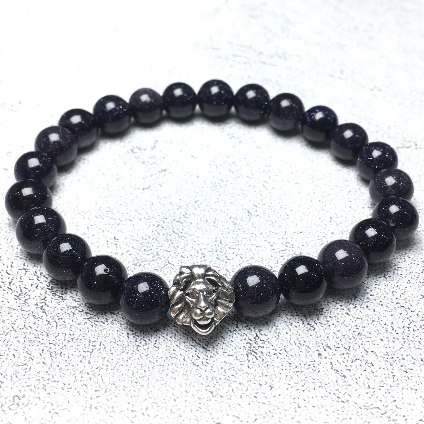 Blue Sandstone Beaded Bracelet Elastic Adjustable Gemstone Bracelet Lion Style
