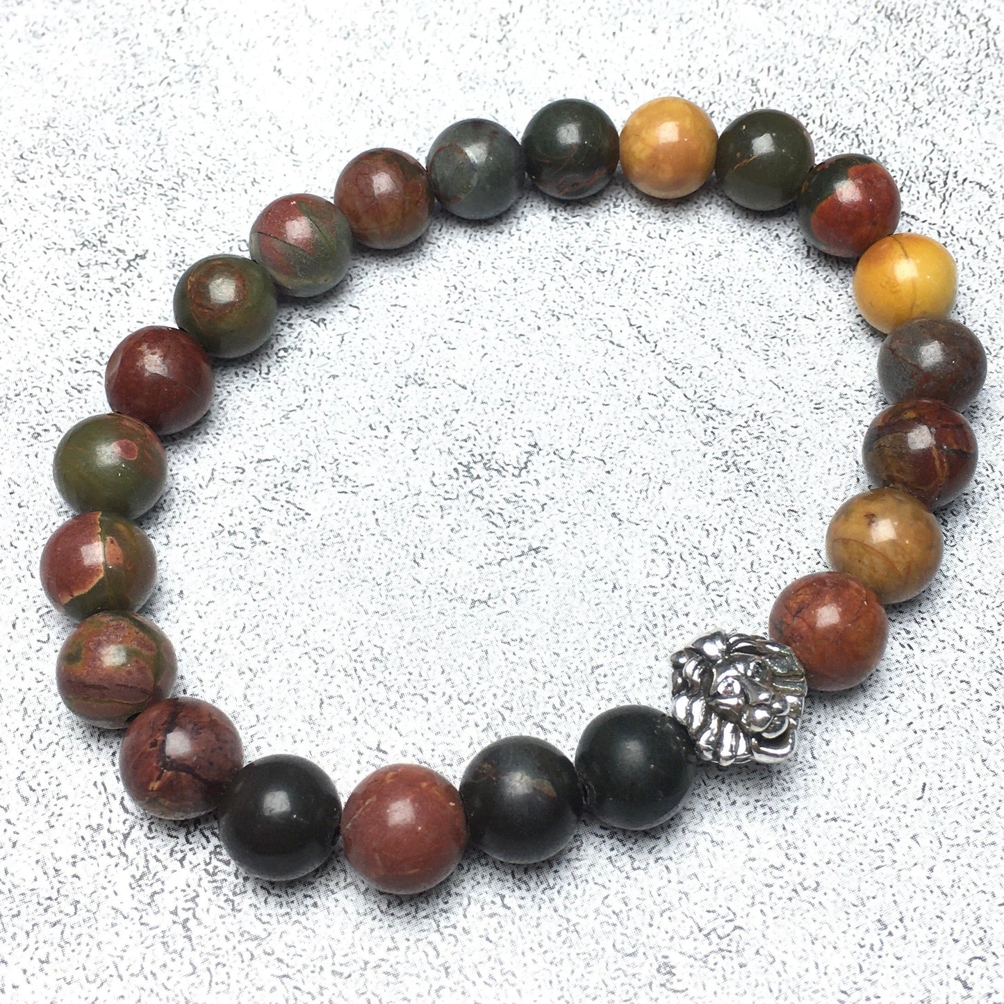Natural Picasso Jasper Beaded Bracelet Elastic Adjustable Gemstone Bracelet Lion Style