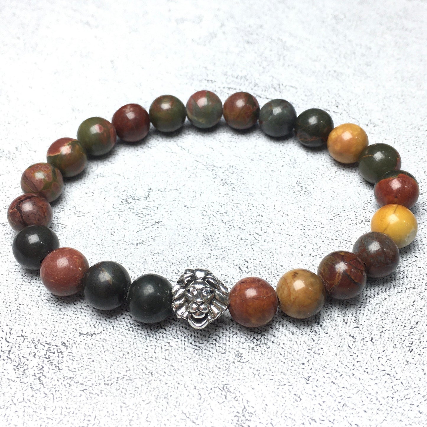 Natural Picasso Jasper Beaded Bracelet Elastic Adjustable Gemstone Bracelet Lion Style