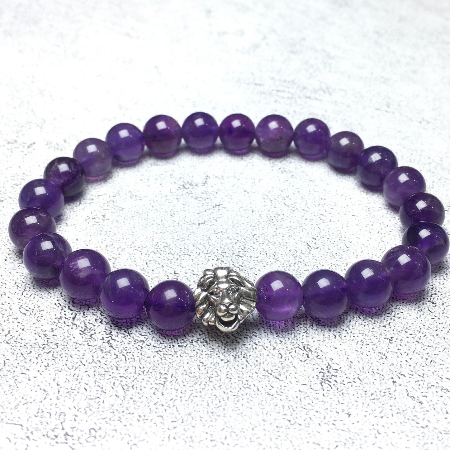 Natural Amethyst Beaded Bracelet Elastic Adjustable Gemstone Bracelet Lion Style