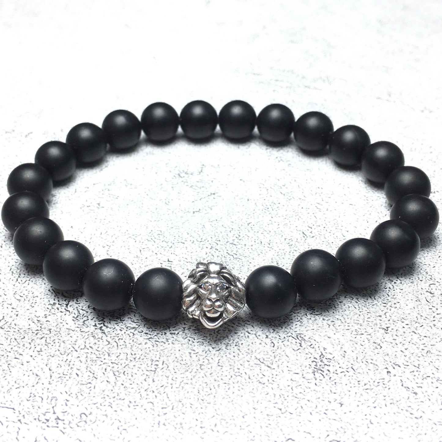 Natural Matte Onyx Beaded Bracelet Elastic Adjustable Gemstone Bracelet Lion Style