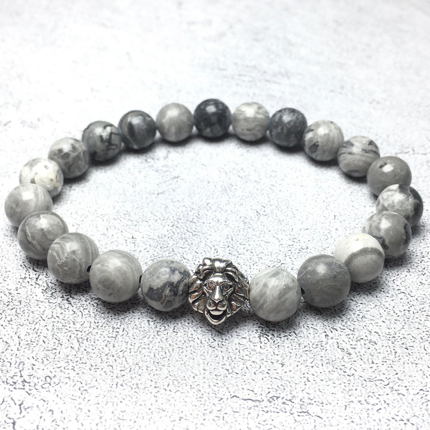 Natural Map Stone Beaded Bracelet Elastic Adjustable Gemstone Bracelet Lion Style