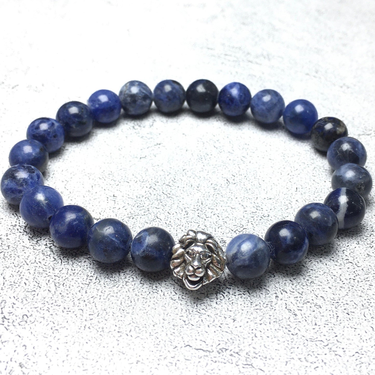 Natural Blue Sodalite Beaded Bracelet Elastic Adjustable Gemstone Bracelet Lion Style