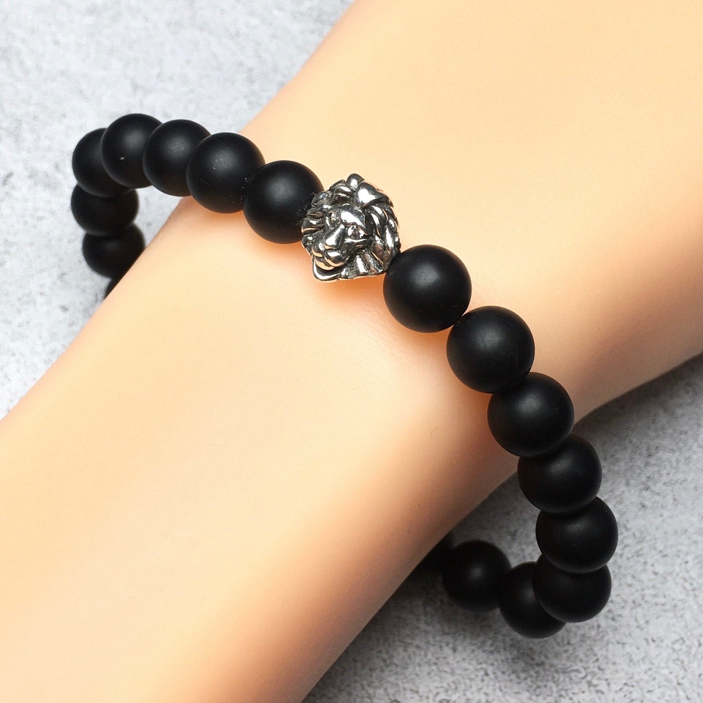 Natural Matte Onyx Beaded Bracelet Elastic Adjustable Gemstone Bracelet Lion Style