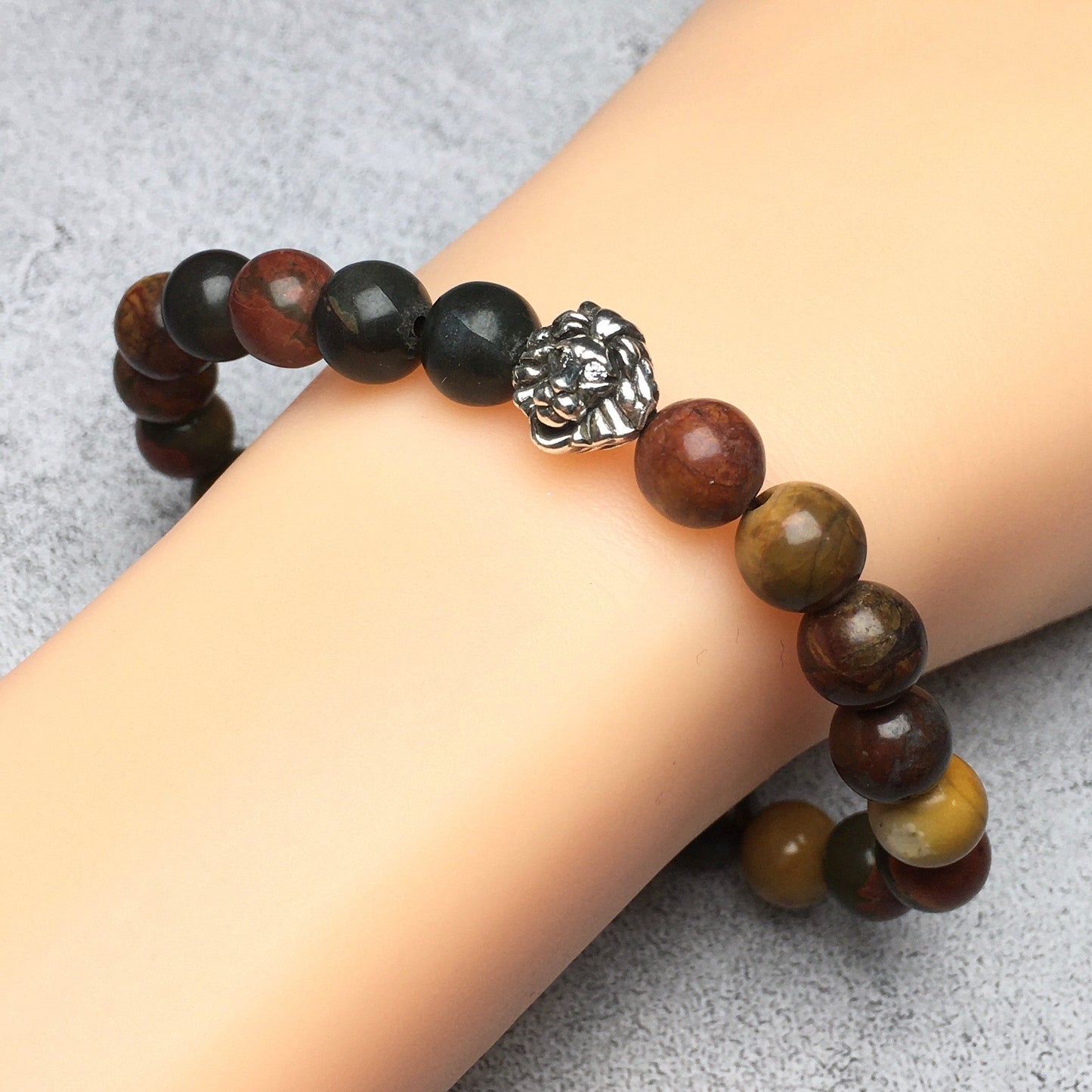 Natural Picasso Jasper Beaded Bracelet Elastic Adjustable Gemstone Bracelet Lion Style