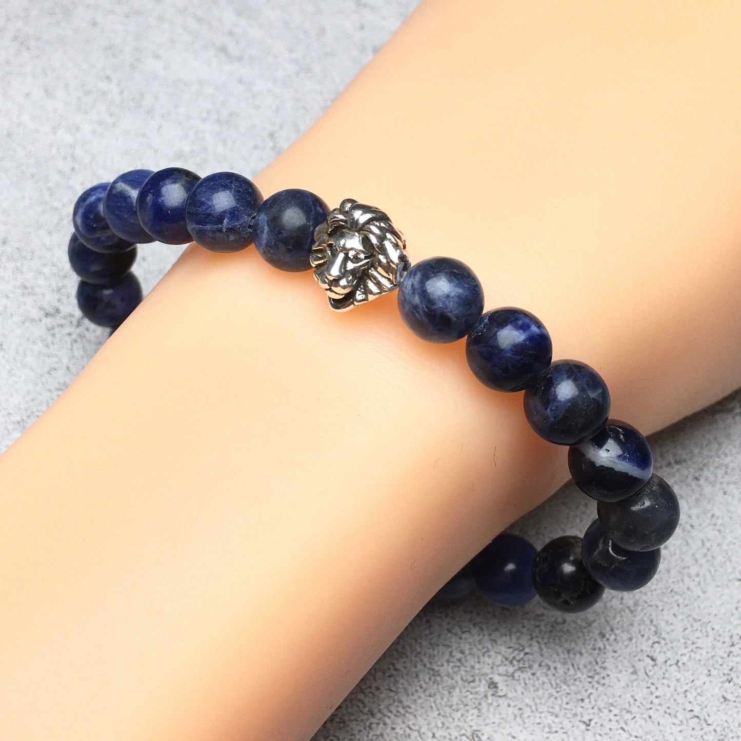 Natural Blue Sodalite Beaded Bracelet Elastic Adjustable Gemstone Bracelet Lion Style