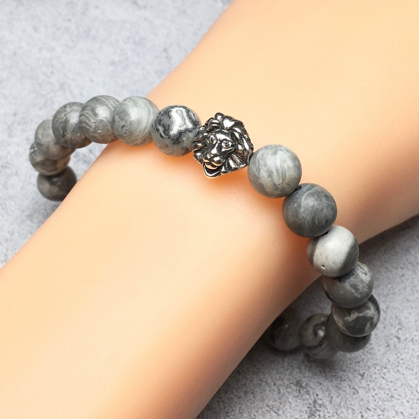 Natural Map Stone Beaded Bracelet Elastic Adjustable Gemstone Bracelet Lion Style