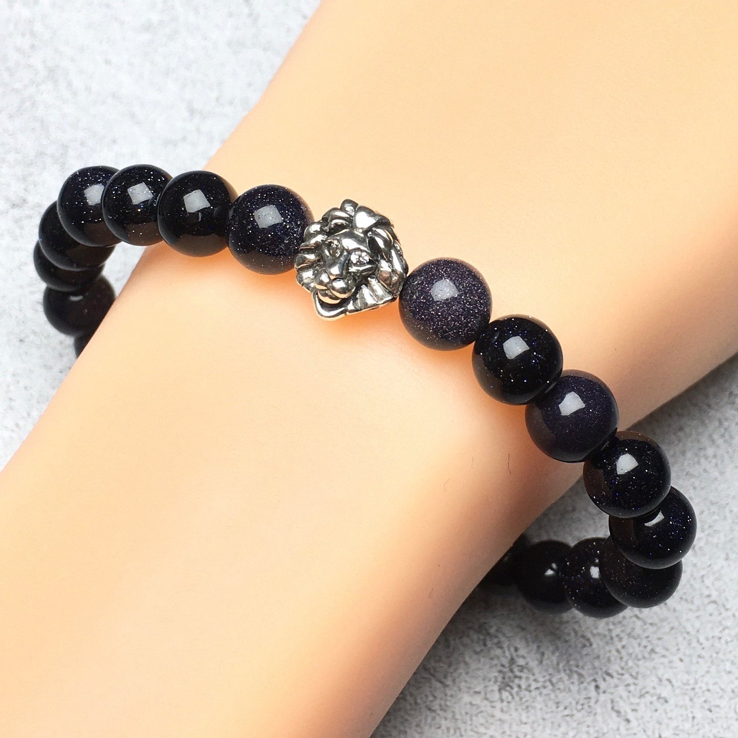 Blue Sandstone Beaded Bracelet Elastic Adjustable Gemstone Bracelet Lion Style