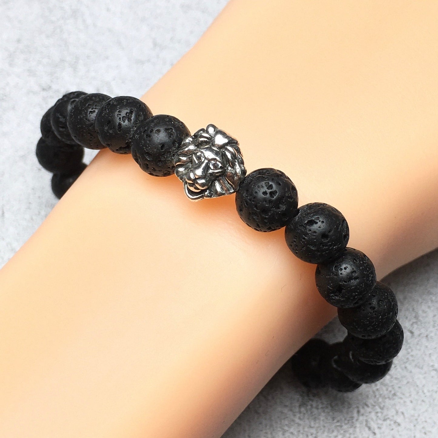 Natural Lava Stone Beaded Bracelet Elastic Adjustable Gemstone Bracelet Lion Style