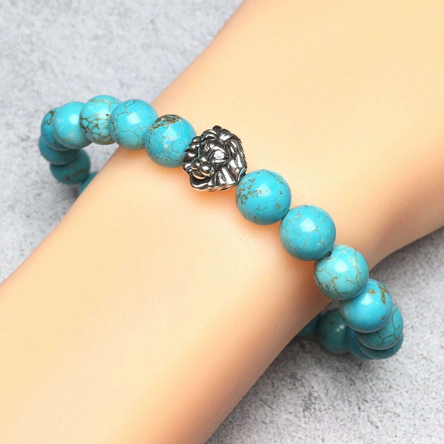 Blue Turqouise Beaded Adjustable Gemstone Bracelet Lion Style
