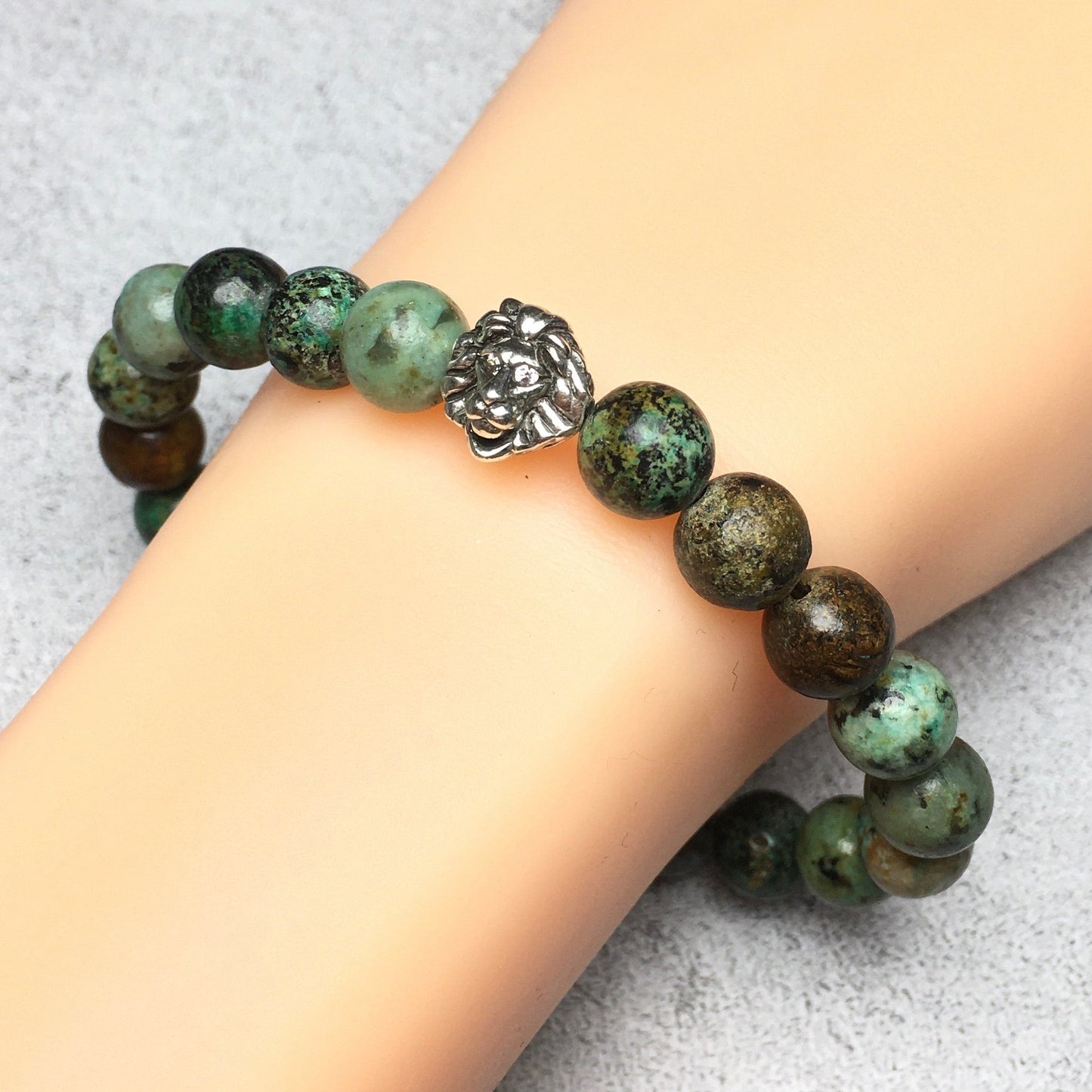 Natural African Turquoise Beaded Bracelet Elastic Adjustable Gemstone Bracelet Lion Style