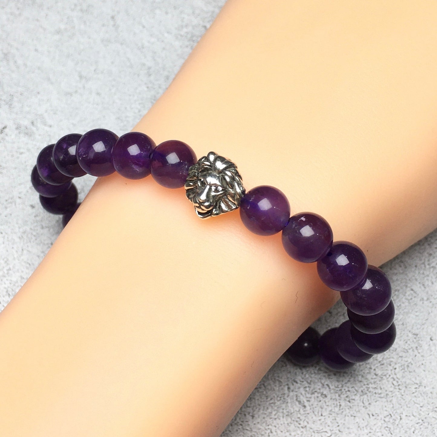 Natural Amethyst Beaded Bracelet Elastic Adjustable Gemstone Bracelet Lion Style