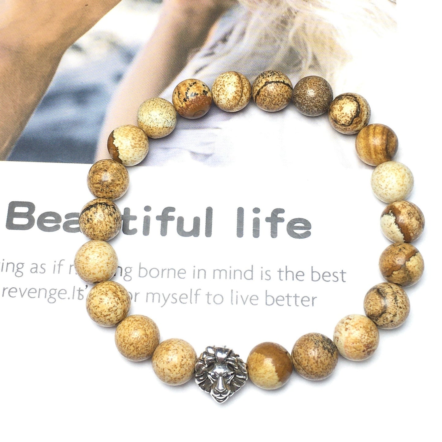 Picture Jasper Beaded Adjustable Gemstone Bracelet Lion Style