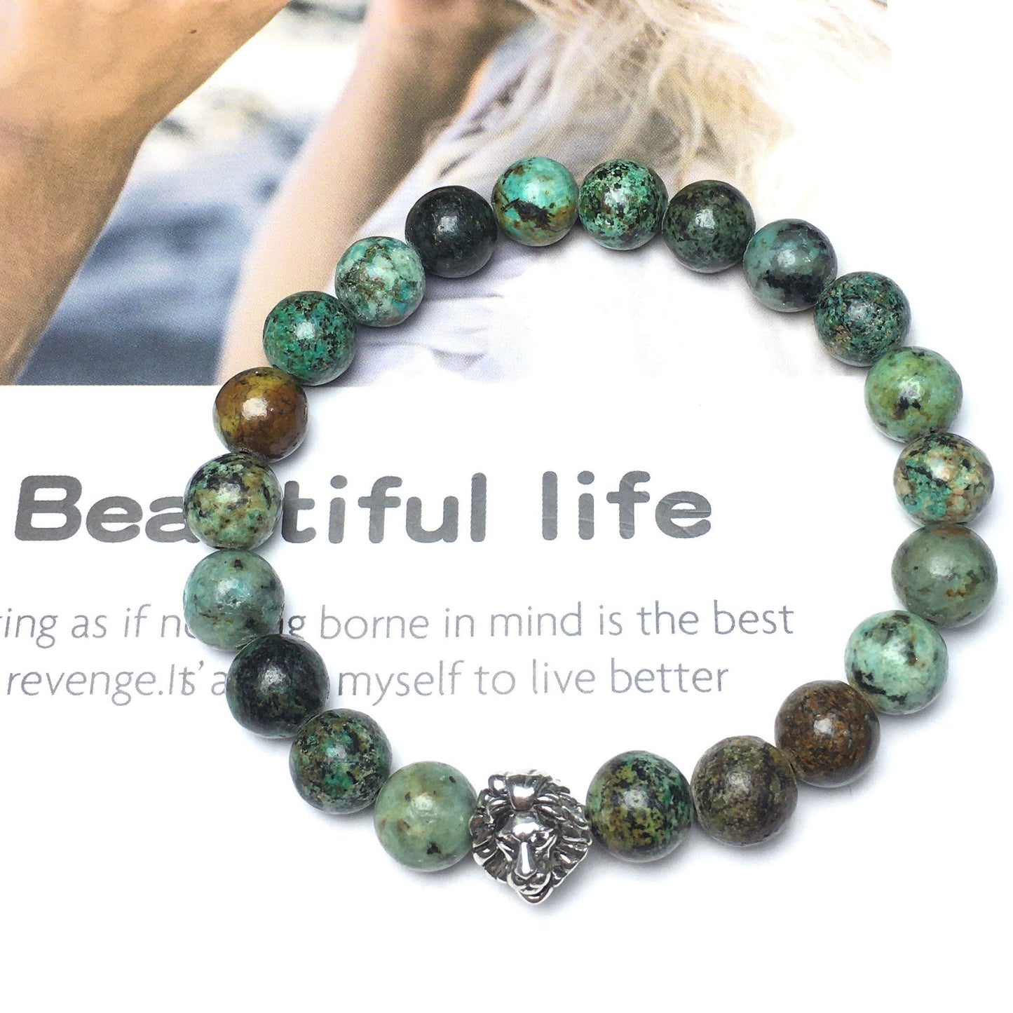 Natural African Turquoise Beaded Bracelet Elastic Adjustable Gemstone Bracelet Lion Style