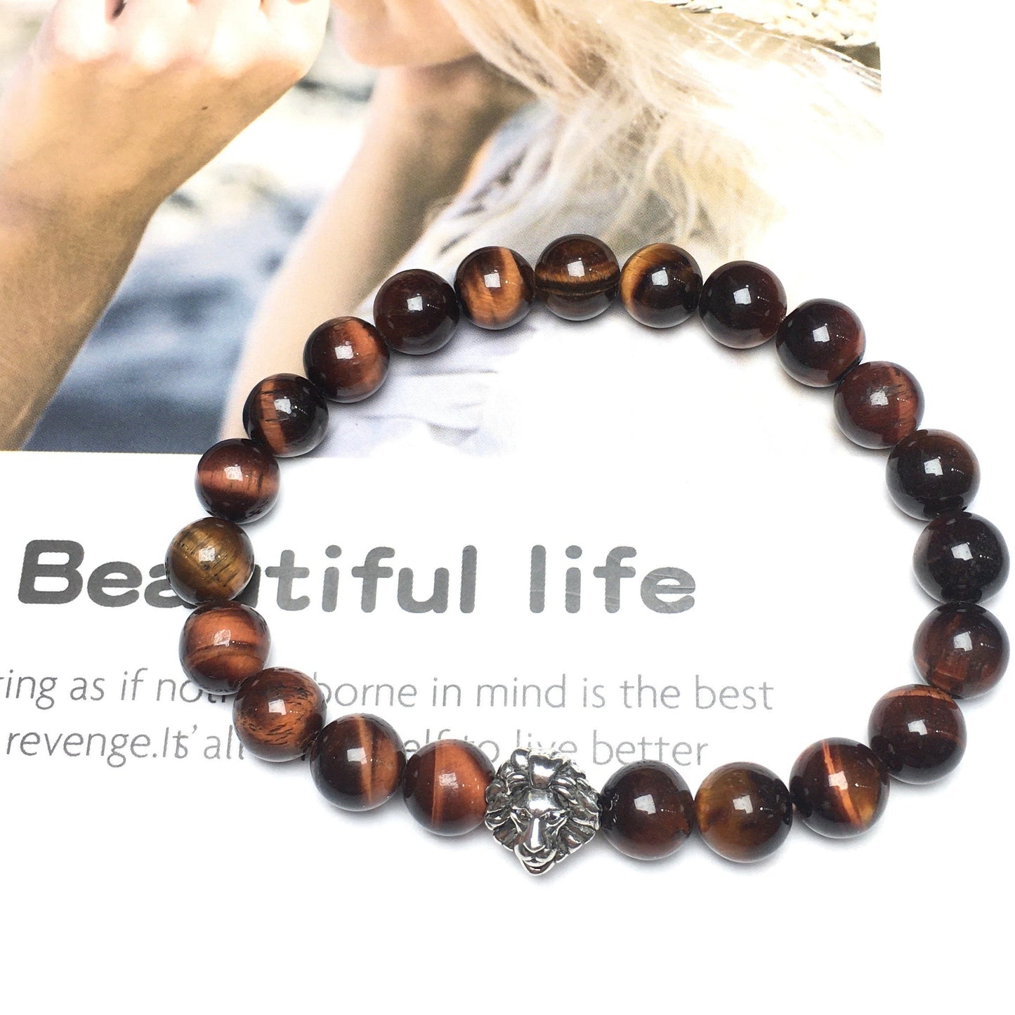 Natural Red Tiger Eyes Beaded Bracelet Elastic Adjustable Gemstone Bracelet Lion Style