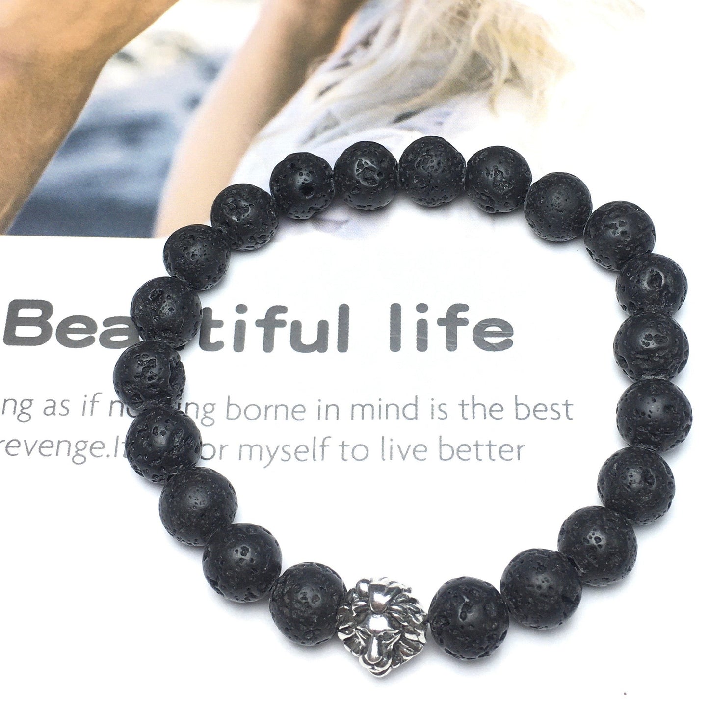 Natural Lava Stone Beaded Bracelet Elastic Adjustable Gemstone Bracelet Lion Style
