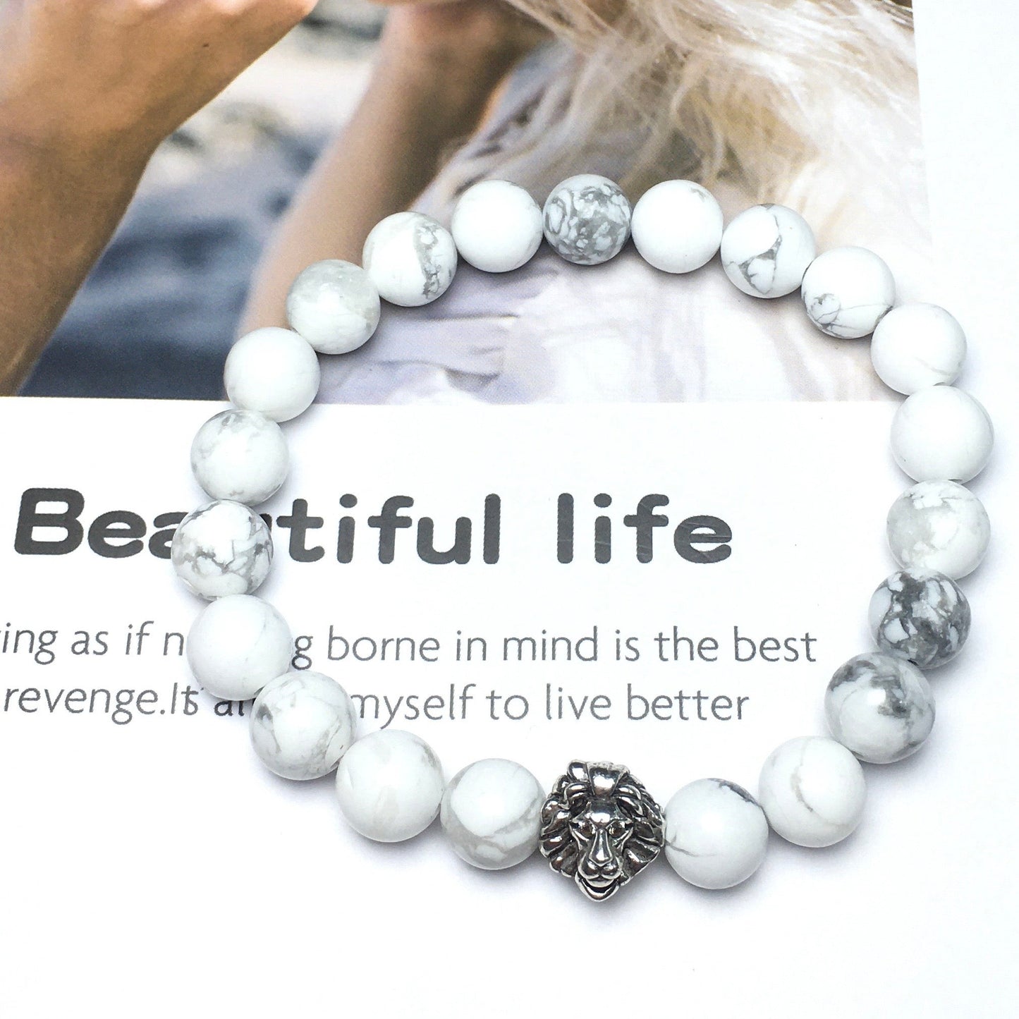 Natural Howlite Beaded Bracelet Elastic Adjustable Gemstone Bracelet Lion Style