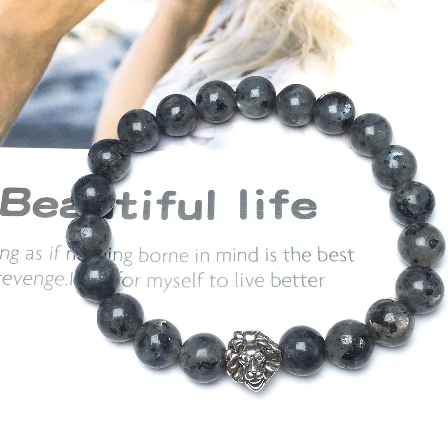 Natural Labradorite Beaded Bracelet Elastic Adjustable Gemstone Bracelet Lion Style