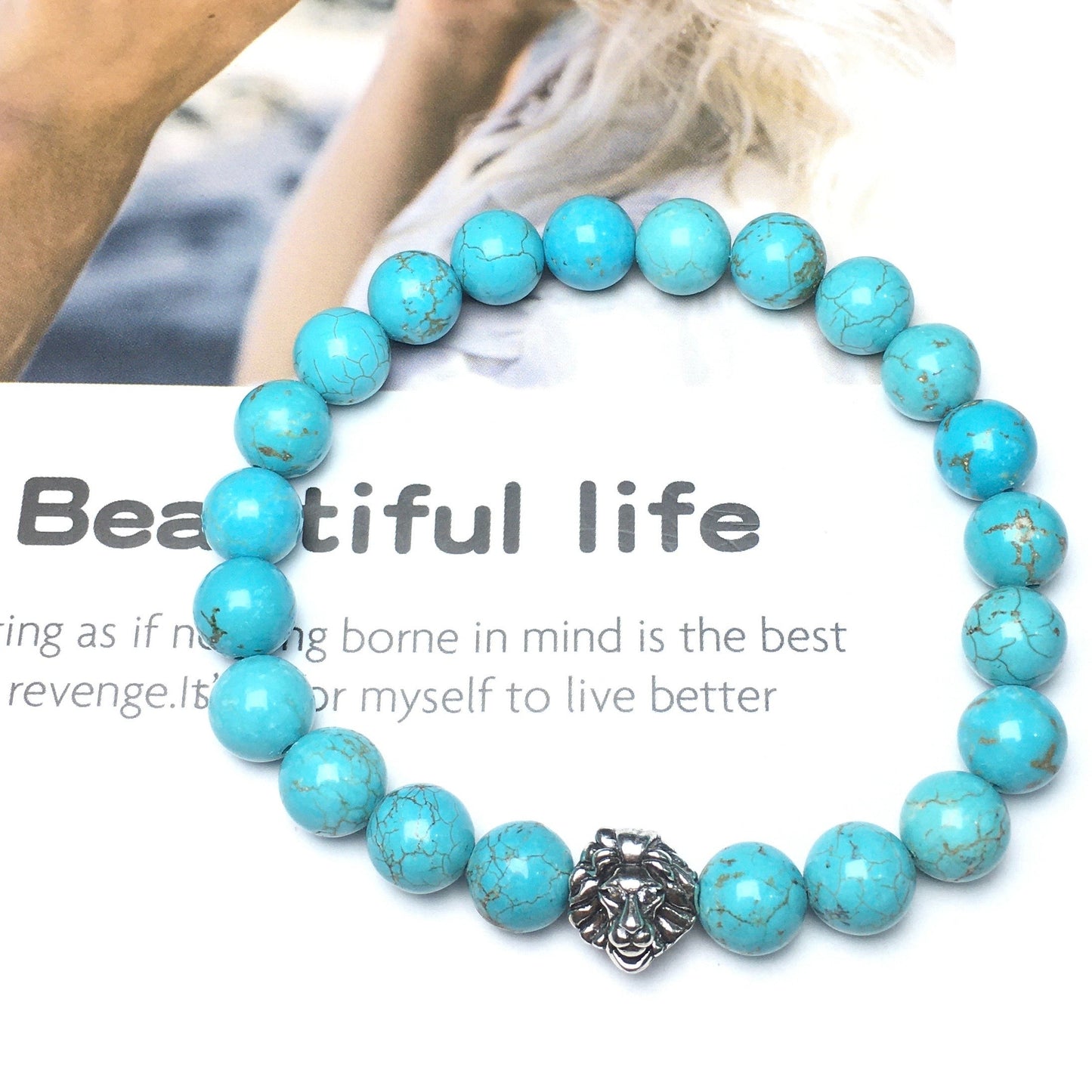 Blue Turqouise Beaded Adjustable Gemstone Bracelet Lion Style