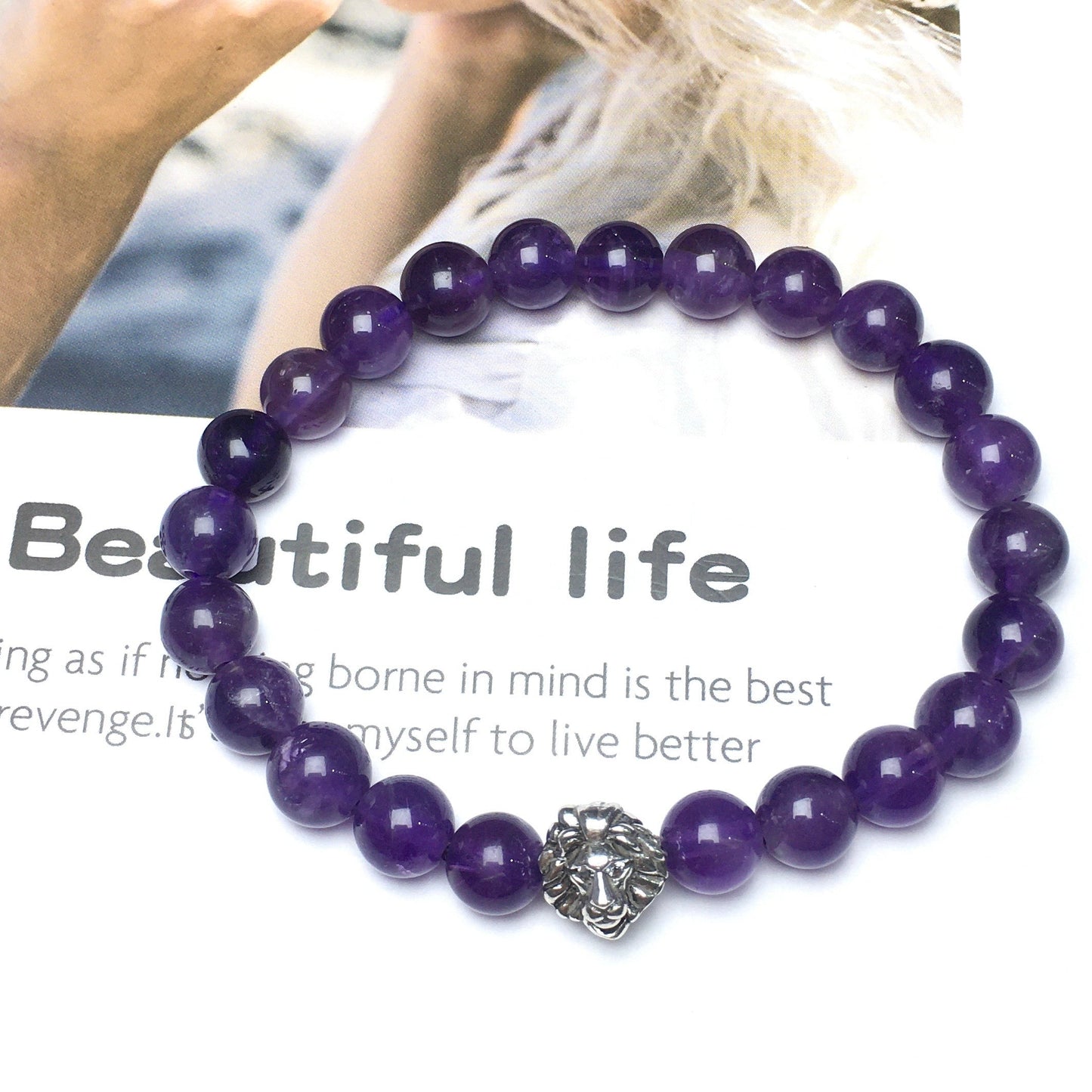 Natural Amethyst Beaded Bracelet Elastic Adjustable Gemstone Bracelet Lion Style