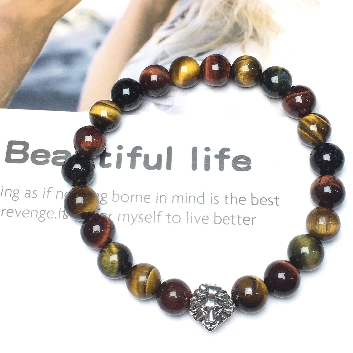 Natural Colorful Tiger Eyes Beaded Bracelet Elastic Adjustable Gemstone Bracelet Lion Style
