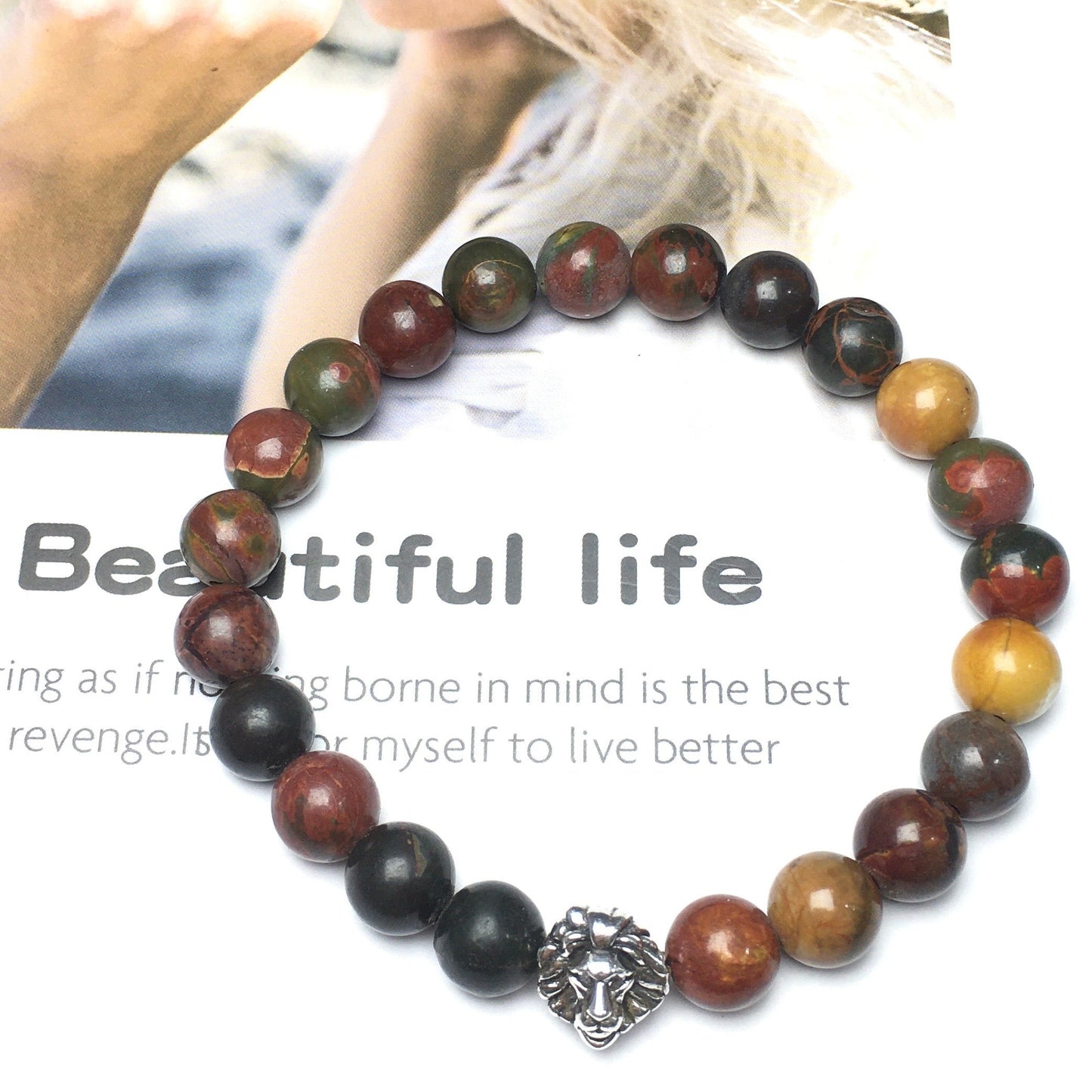 Natural Picasso Jasper Beaded Bracelet Elastic Adjustable Gemstone Bracelet Lion Style