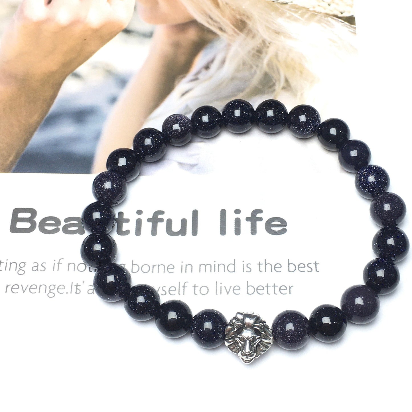 Blue Sandstone Beaded Bracelet Elastic Adjustable Gemstone Bracelet Lion Style