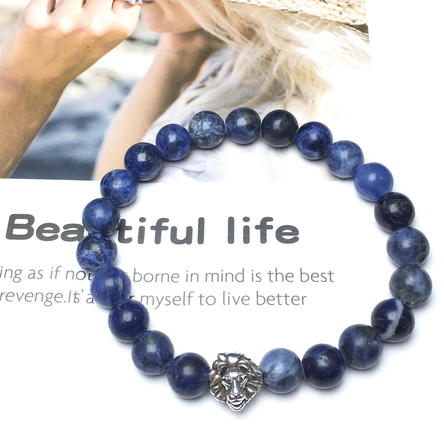 Natural Blue Sodalite Beaded Bracelet Elastic Adjustable Gemstone Bracelet Lion Style
