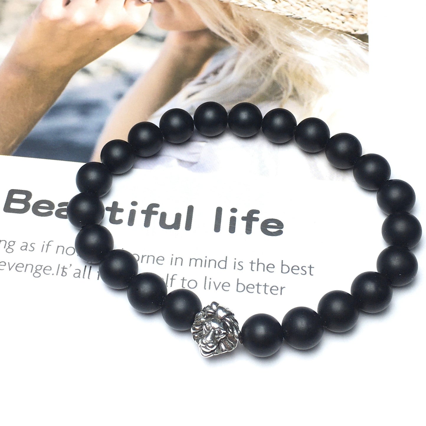 Natural Matte Onyx Beaded Bracelet Elastic Adjustable Gemstone Bracelet Lion Style