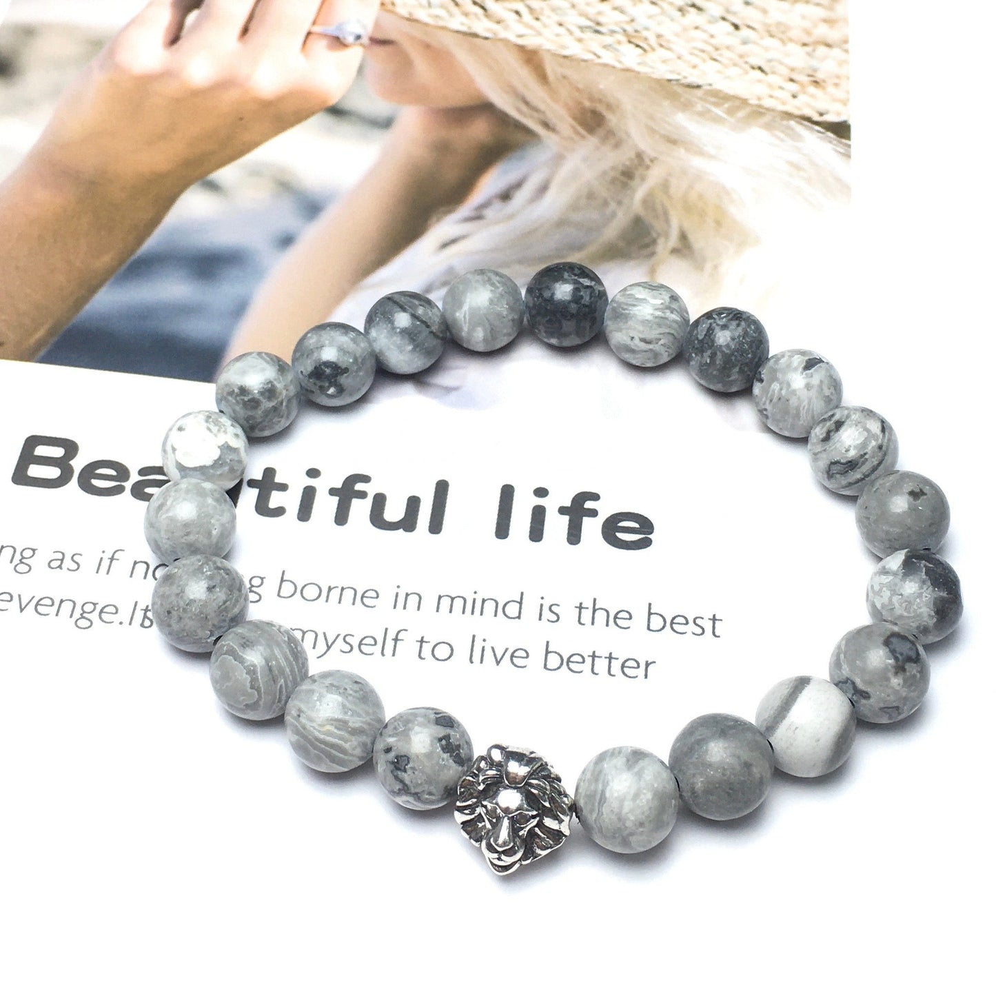 Natural Map Stone Beaded Bracelet Elastic Adjustable Gemstone Bracelet Lion Style