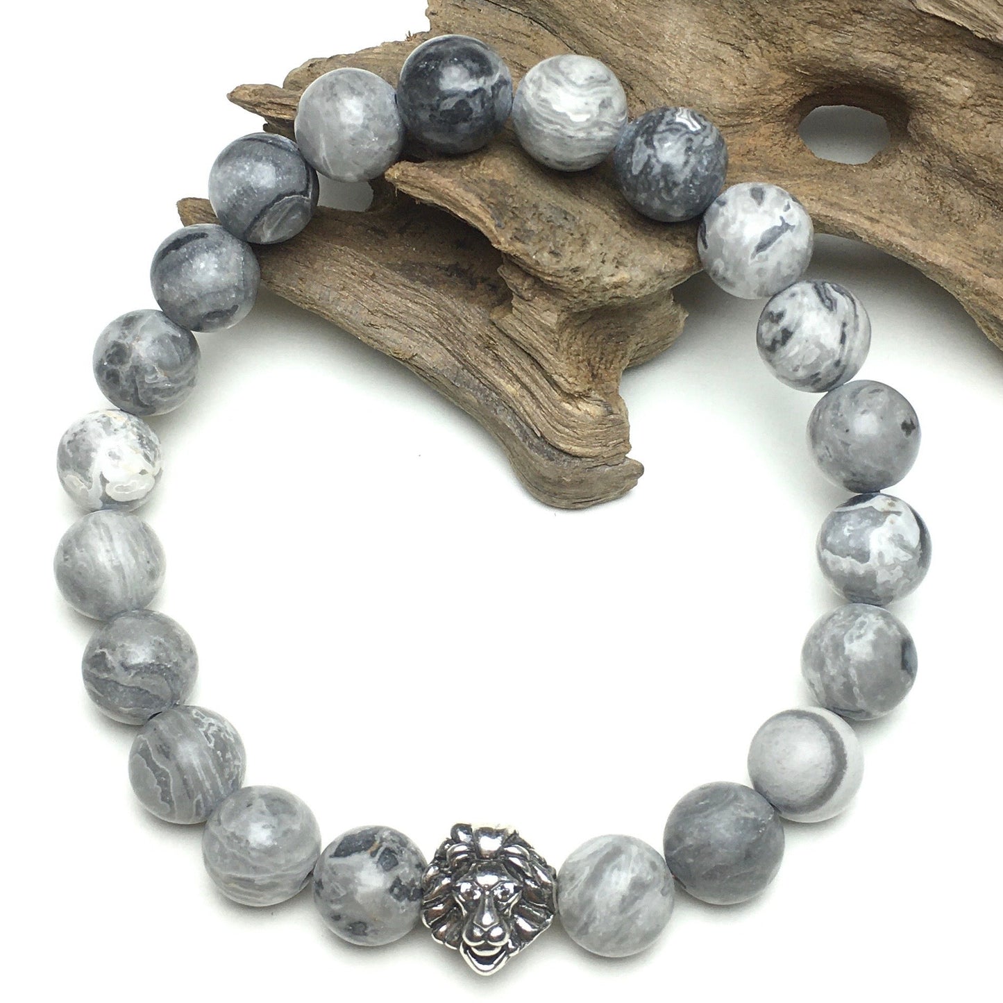 Natural Map Stone Beaded Bracelet Elastic Adjustable Gemstone Bracelet Lion Style