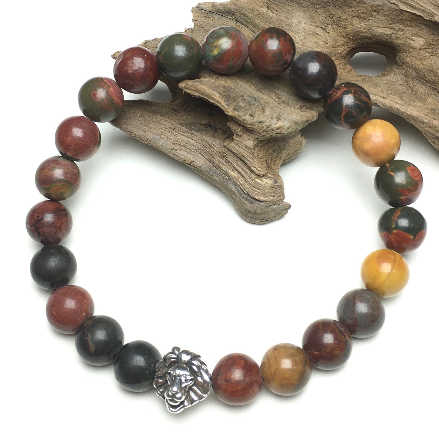 Natural Picasso Jasper Beaded Bracelet Elastic Adjustable Gemstone Bracelet Lion Style