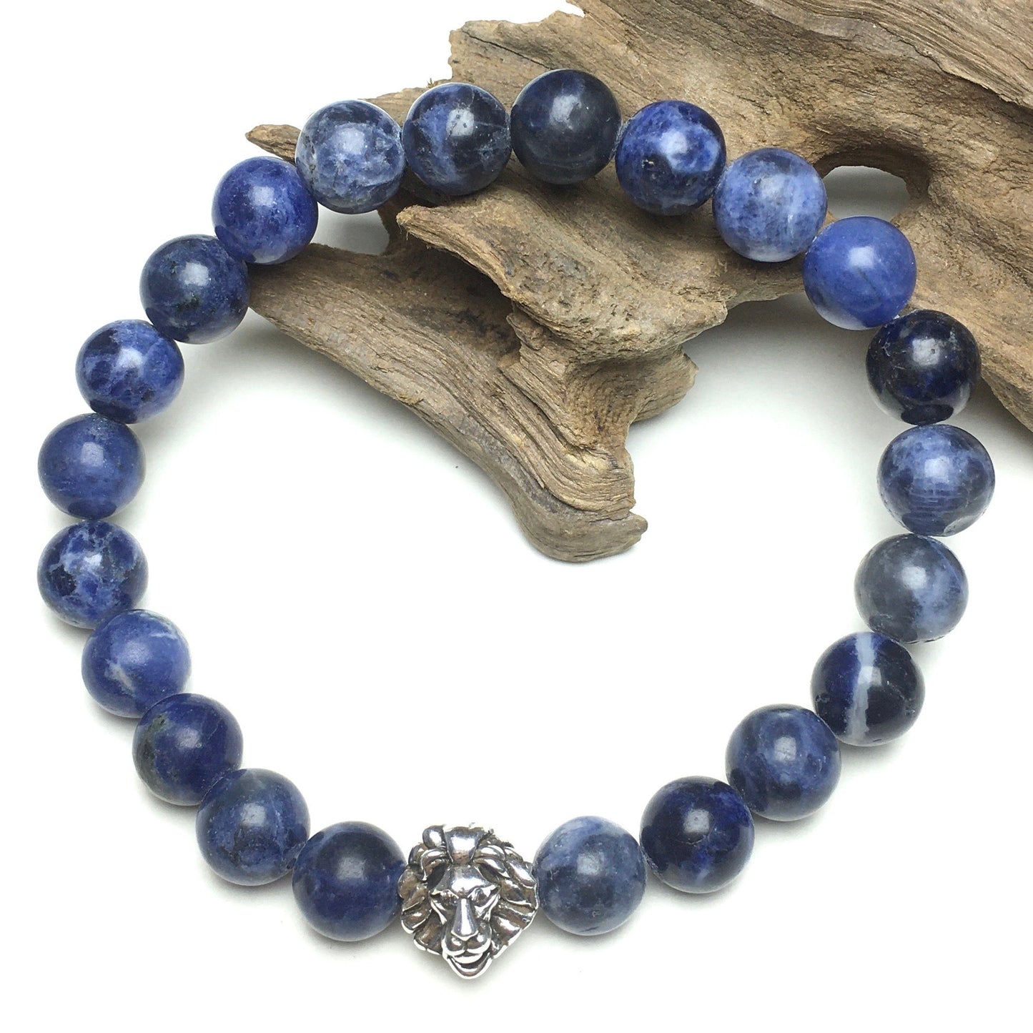Natural Blue Sodalite Beaded Bracelet Elastic Adjustable Gemstone Bracelet Lion Style