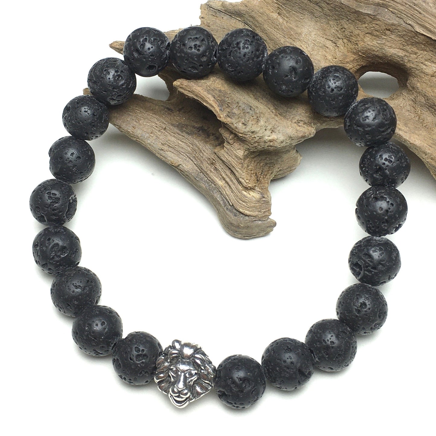 Natural Lava Stone Beaded Bracelet Elastic Adjustable Gemstone Bracelet Lion Style