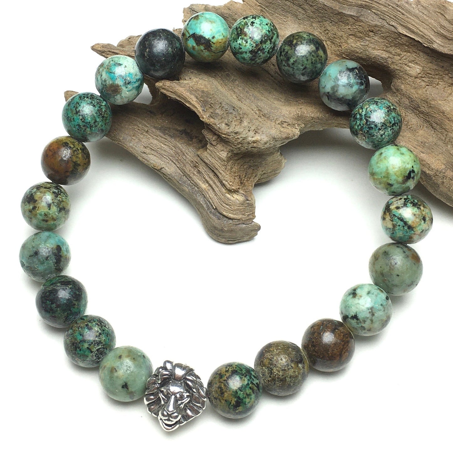 Natural African Turquoise Beaded Bracelet Elastic Adjustable Gemstone Bracelet Lion Style