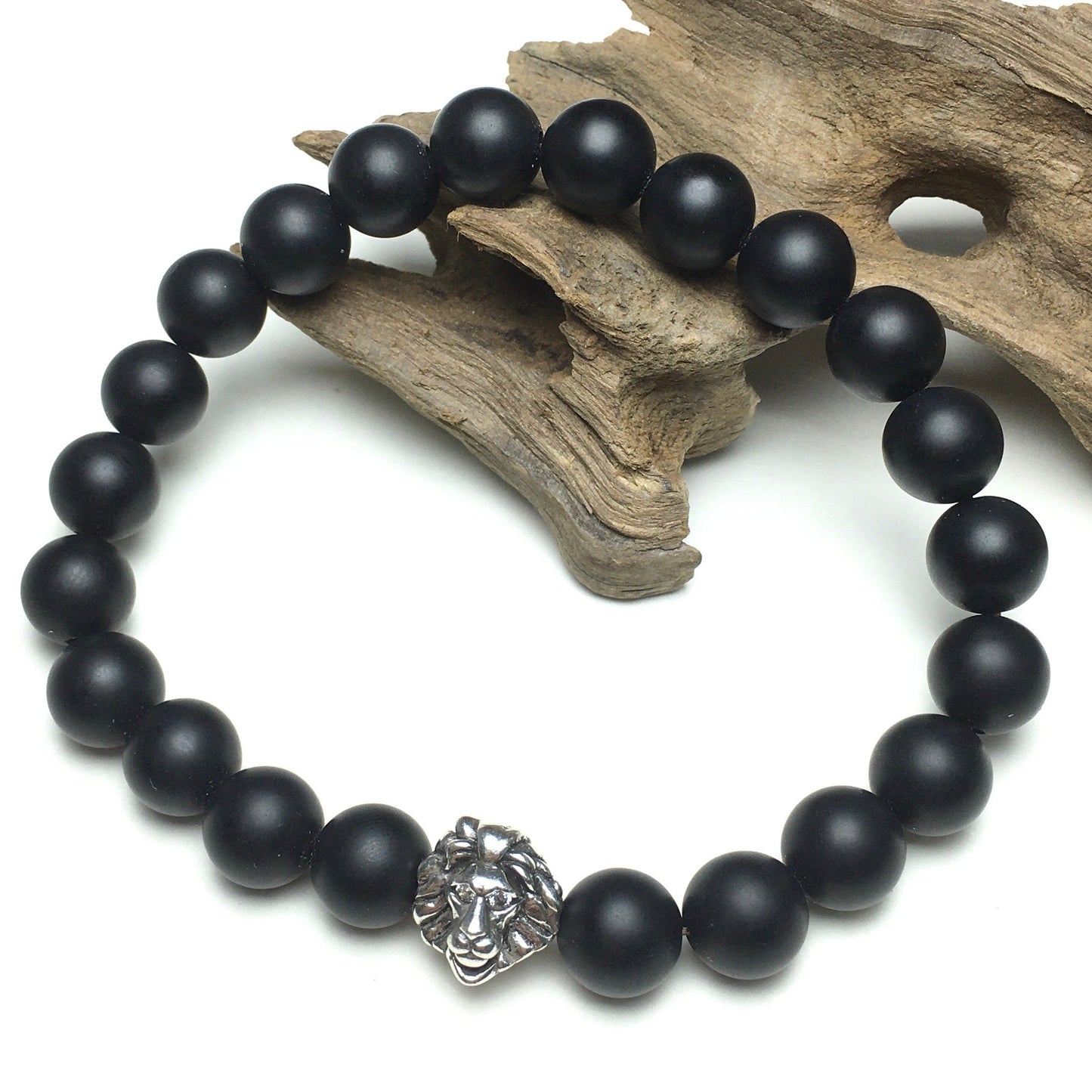 Natural Matte Onyx Beaded Bracelet Elastic Adjustable Gemstone Bracelet Lion Style