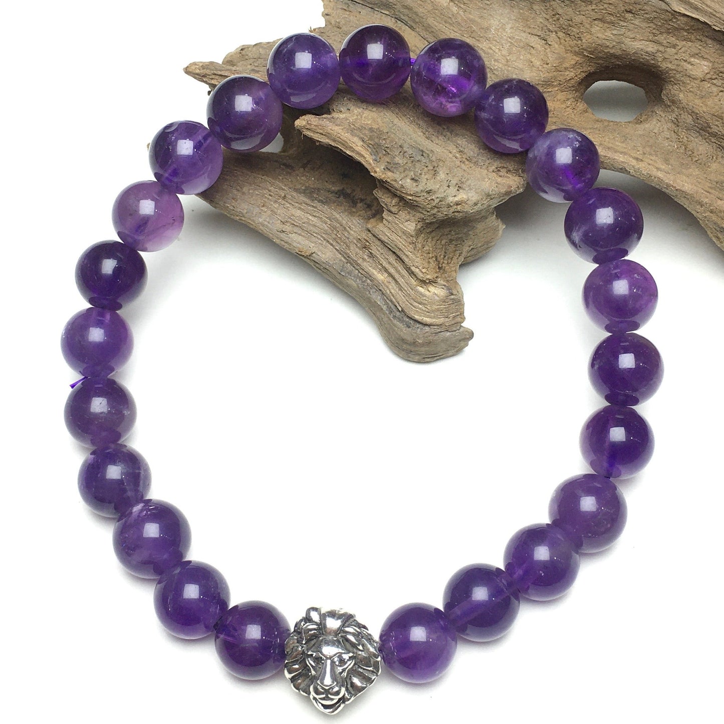 Natural Amethyst Beaded Bracelet Elastic Adjustable Gemstone Bracelet Lion Style